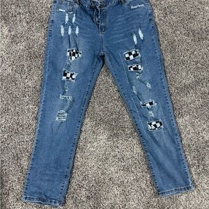 Distressed checkered black and white  Blue Jeans 2xl